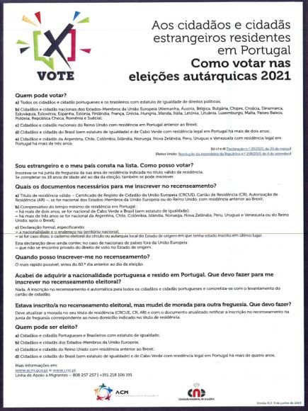 Cidadãos e cidadãs estrangeiros residentes em Portugal. Como votar nas eleições autárquicas 2021.