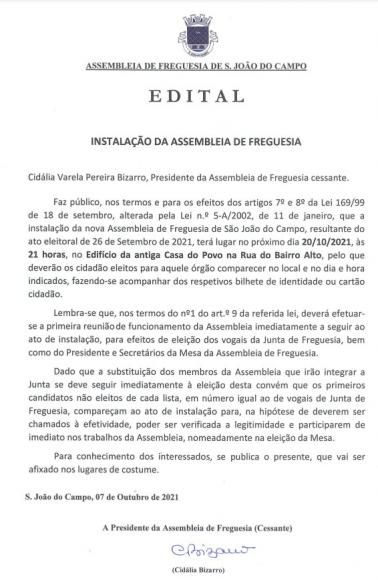 INSTALAÇÃO DOS ORGÃOS AUTÁRQUICOS PARA O QUADRIÉNIO 2021/2025