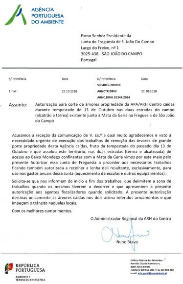 AUTORIZAÇÃO RESTRITA - Permissão para corte de árvores propriedade da APA/ARH Centro caídas durante tempestade Leslie
